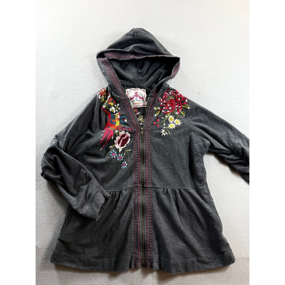 Johnny Was Los Angeles Hoodie Women XL Gray Embroidered Floral Bird Zip Peplum